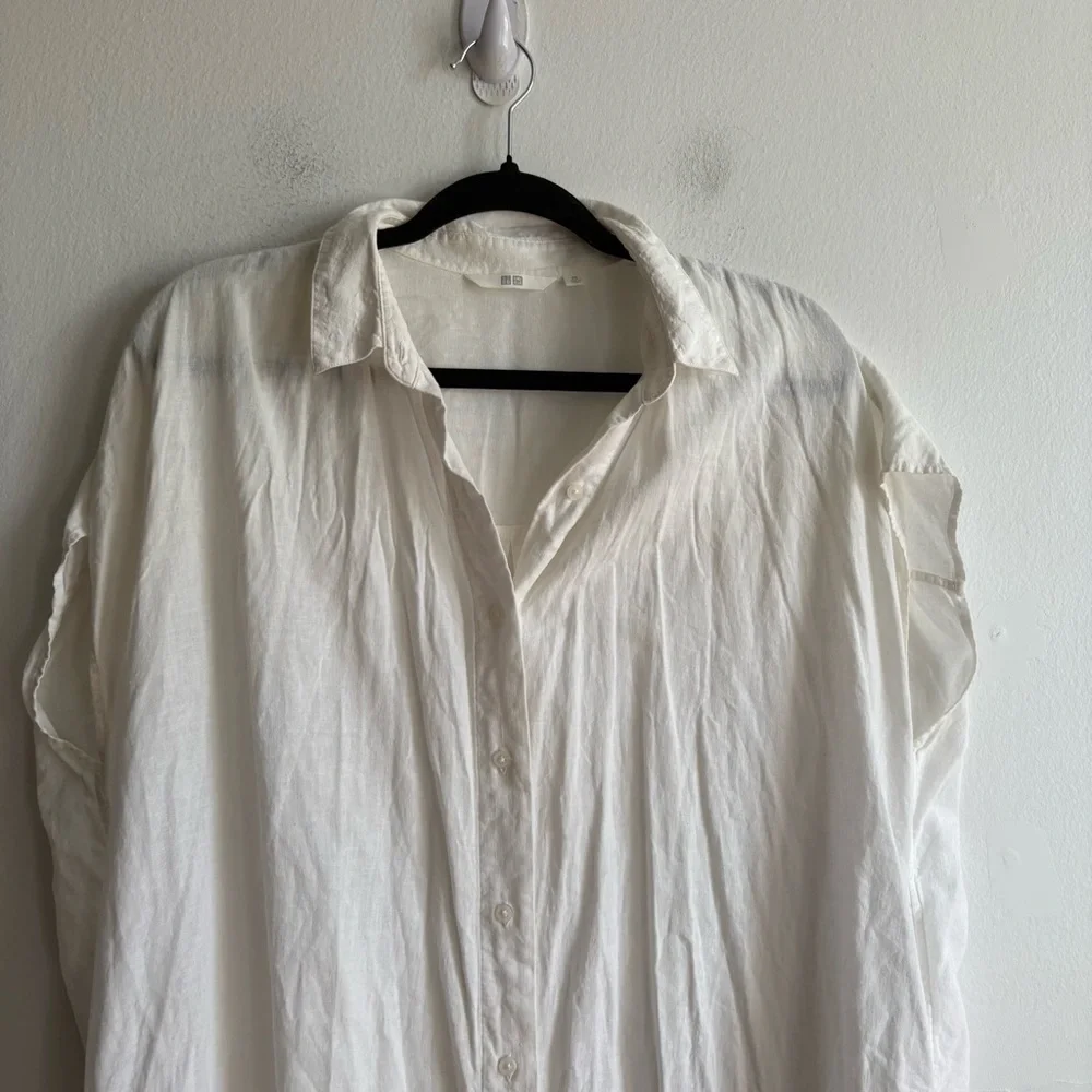 Uniqlo Sz XS Relaxed Oversized Linen Blend White Button Front Shirt Midi Dress - Picture 4 of 12